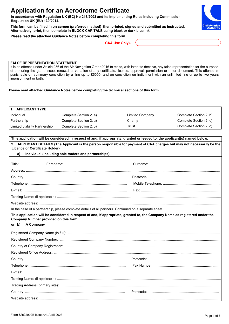 Form SRG2002B Application for an Aerodrome Certificate - United Kingdom, Page 1