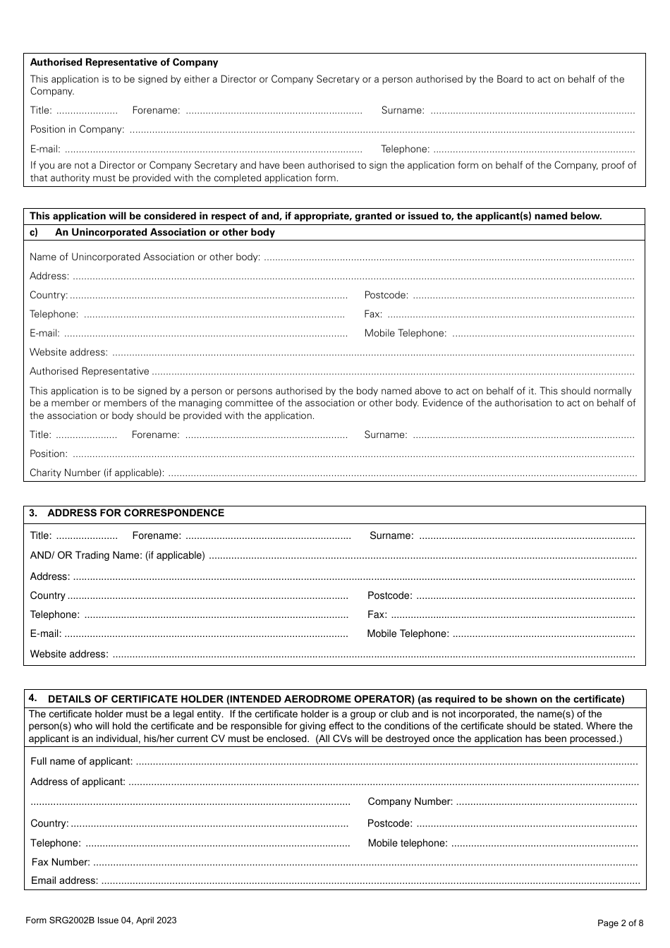 Form SRG2002B Application for an Aerodrome Certificate - United Kingdom, Page 2