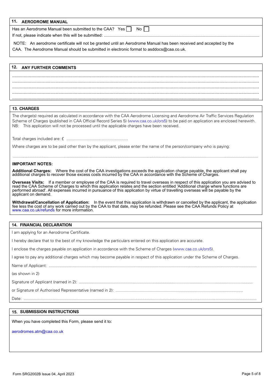 Form SRG2002B Application for an Aerodrome Certificate - United Kingdom, Page 5