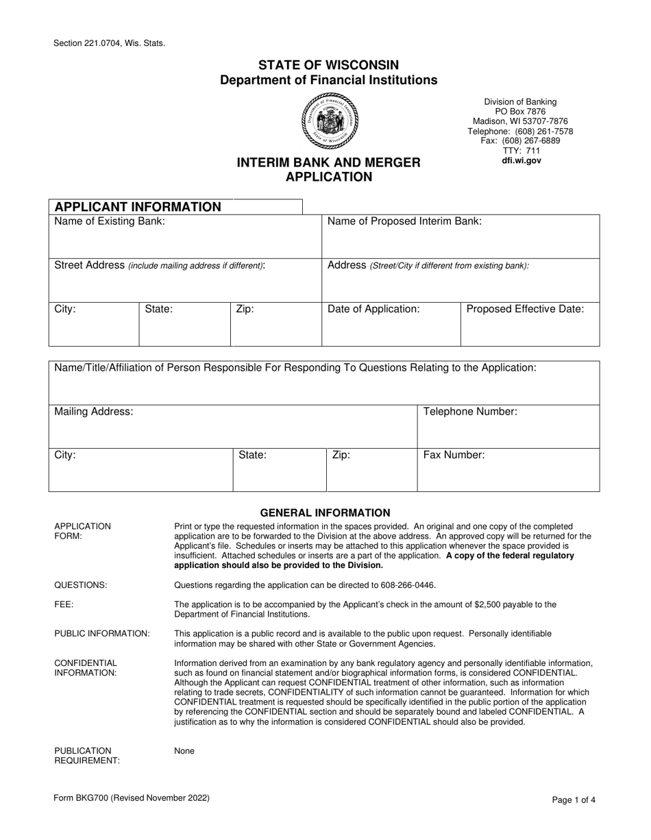 Form BKG700 Interim Bank and Merger Application - Wisconsin, Page 1