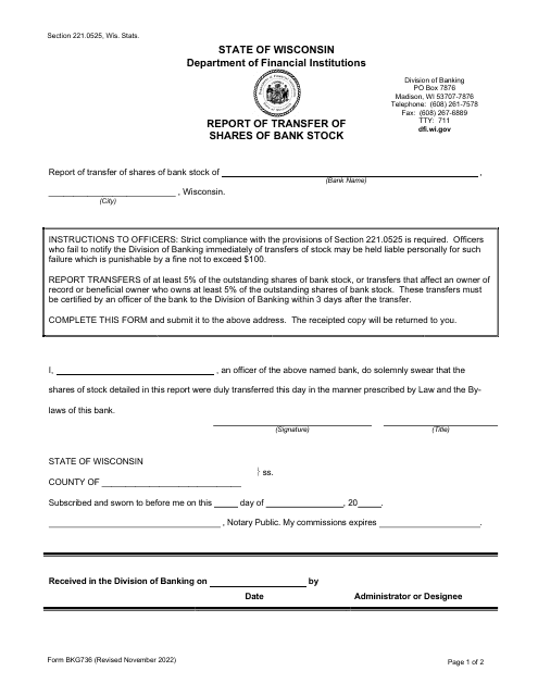Form BKG736 Report of Transfer of Shares of Bank Stock - Wisconsin