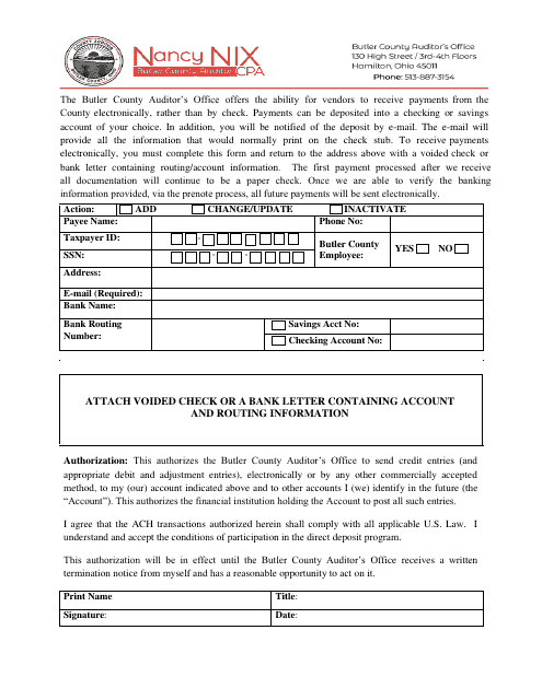 Electronic Fund Transfer Signup Form - Butler County, Ohio Download Pdf