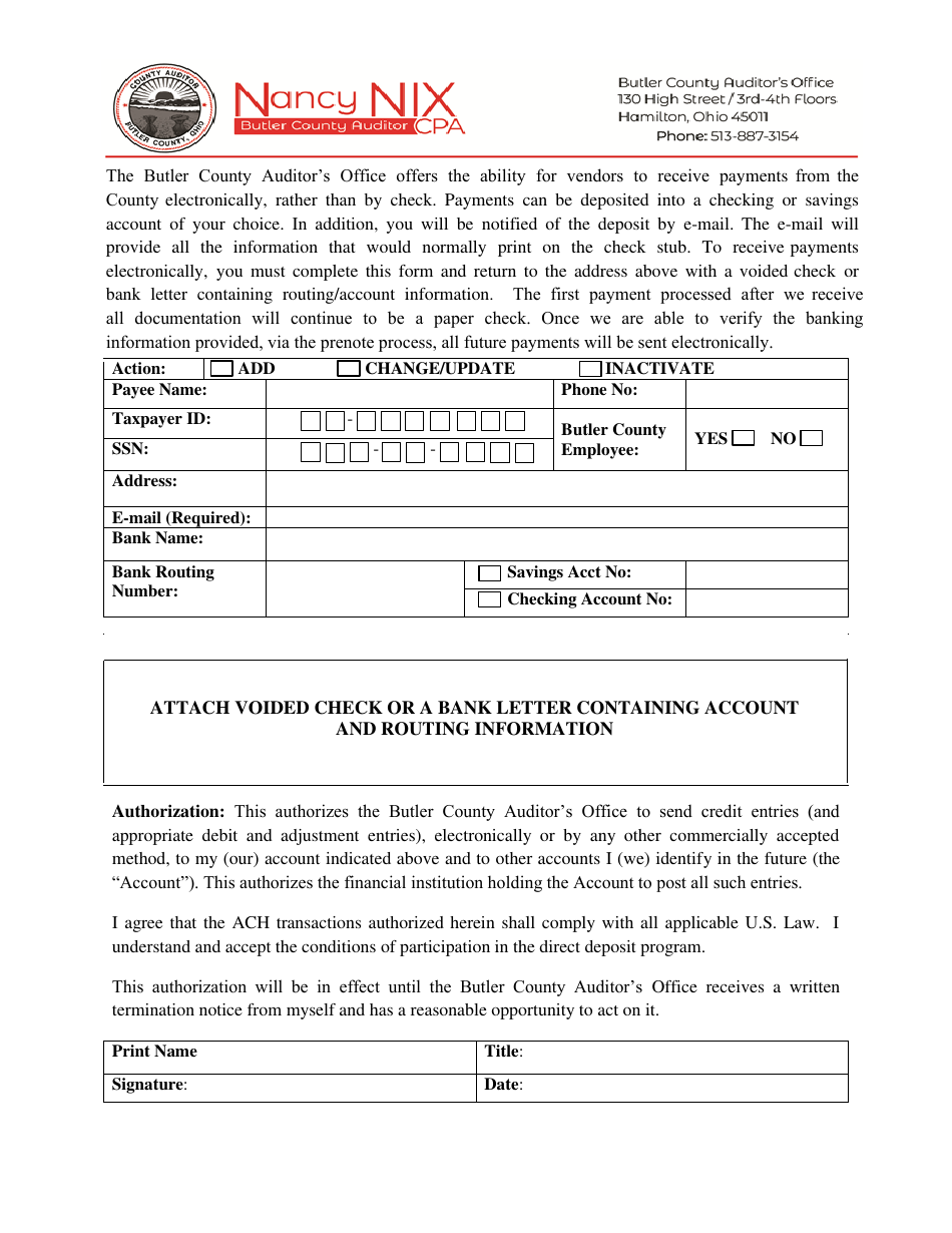 Electronic Fund Transfer Signup Form - Butler County, Ohio, Page 1