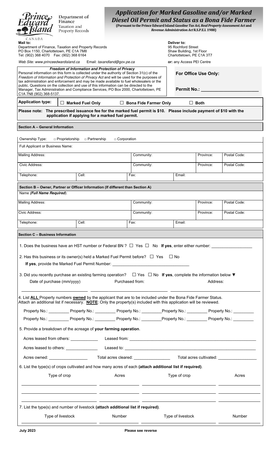 Prince Edward Island Canada Application for Marked Gasoline and/or ...