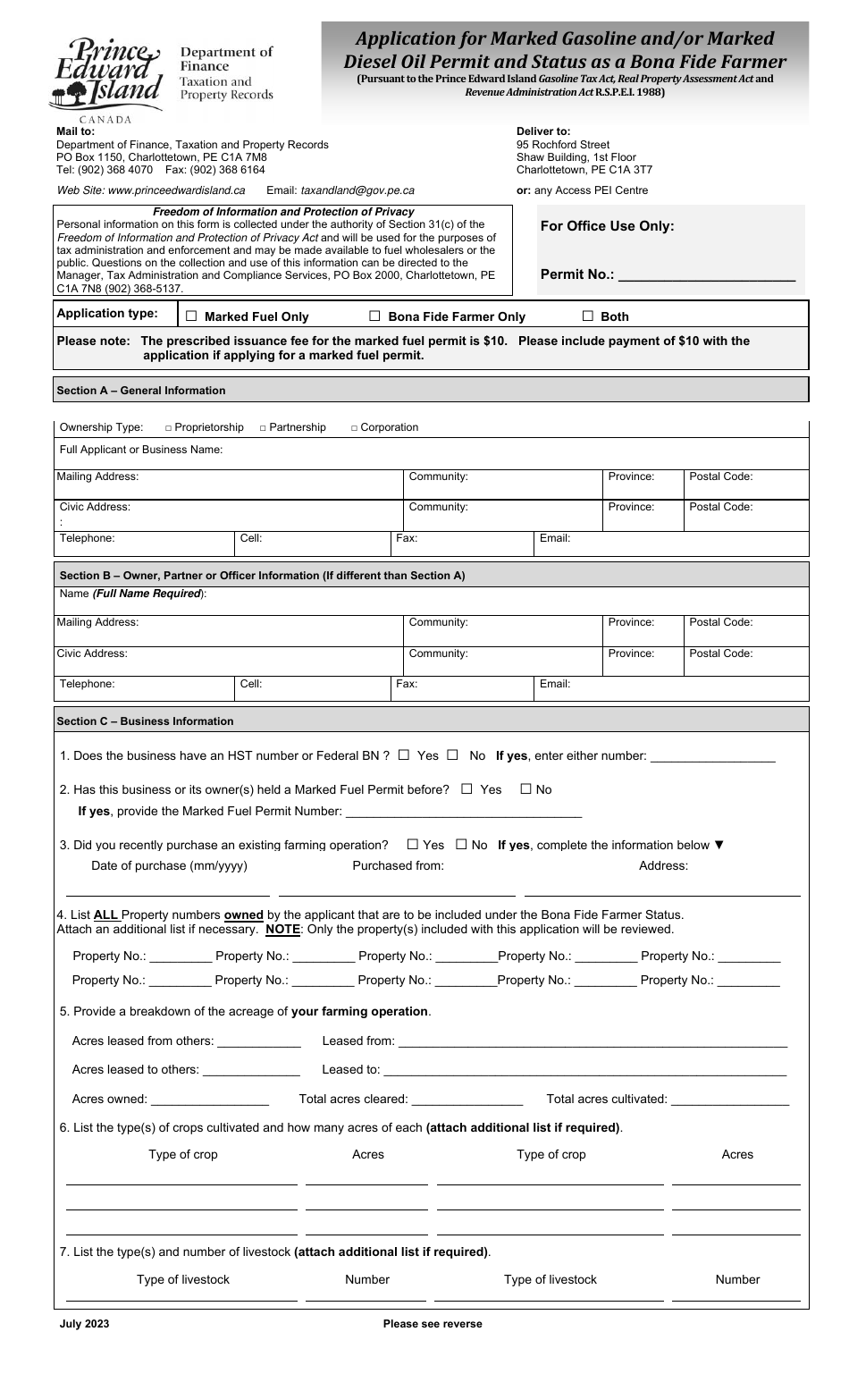 Application for Marked Gasoline and / or Marked Diesel Oil Permit and Levy Exemption Permit and Status as a Bona Fide Farmer - Prince Edward Island, Canada, Page 1