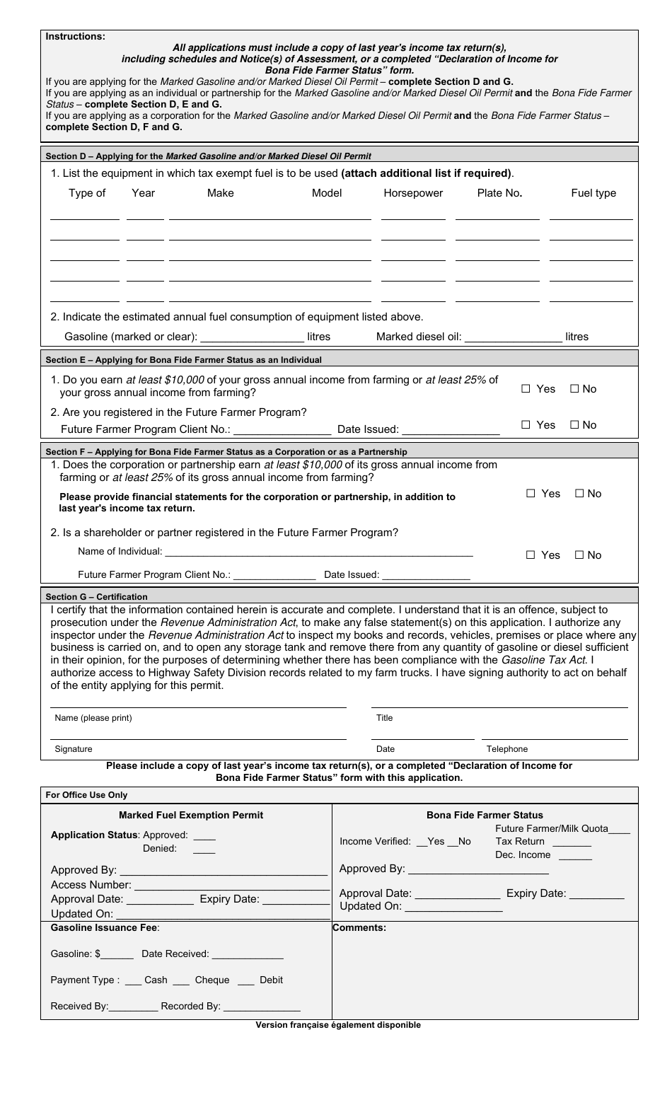 Application for Marked Gasoline and / or Marked Diesel Oil Permit and Levy Exemption Permit and Status as a Bona Fide Farmer - Prince Edward Island, Canada, Page 2