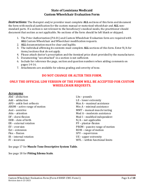 BHSF-CWC Form 1 Custom Wheelchair Evaluation Form - Louisiana