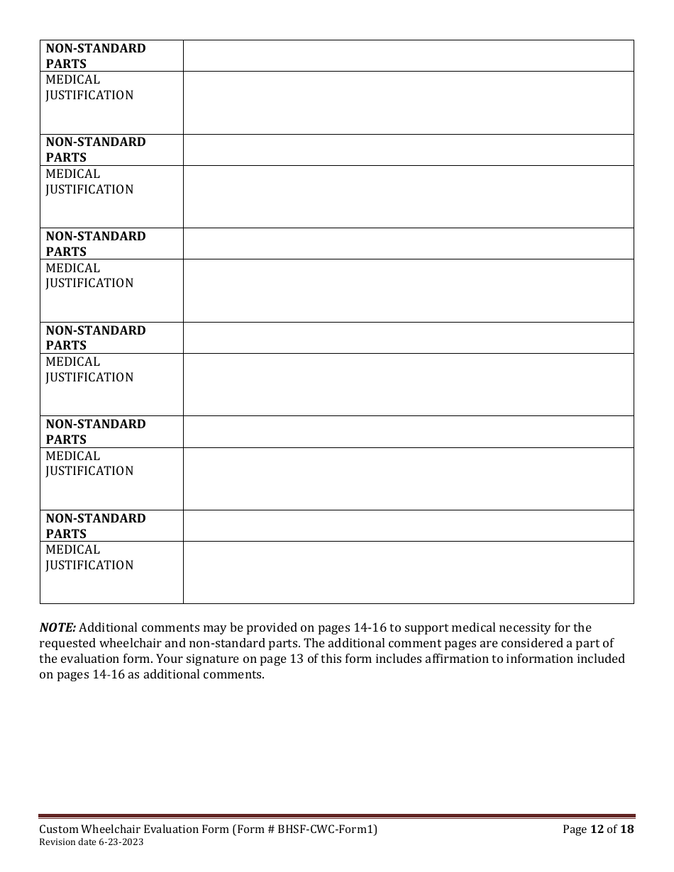 BHSF-CWC Form 1 Custom Wheelchair Evaluation Form - Louisiana, Page 12