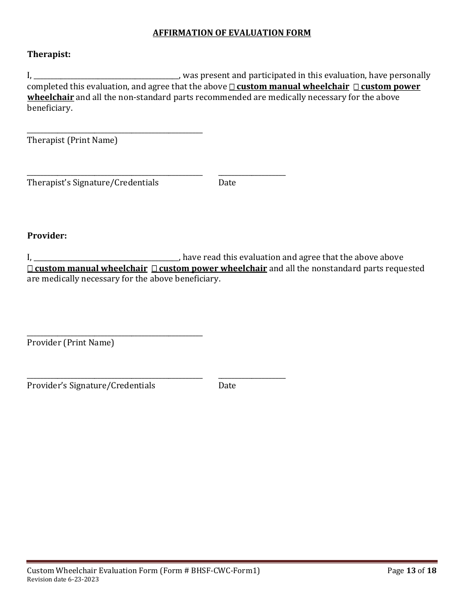 BHSF-CWC Form 1 Custom Wheelchair Evaluation Form - Louisiana, Page 13