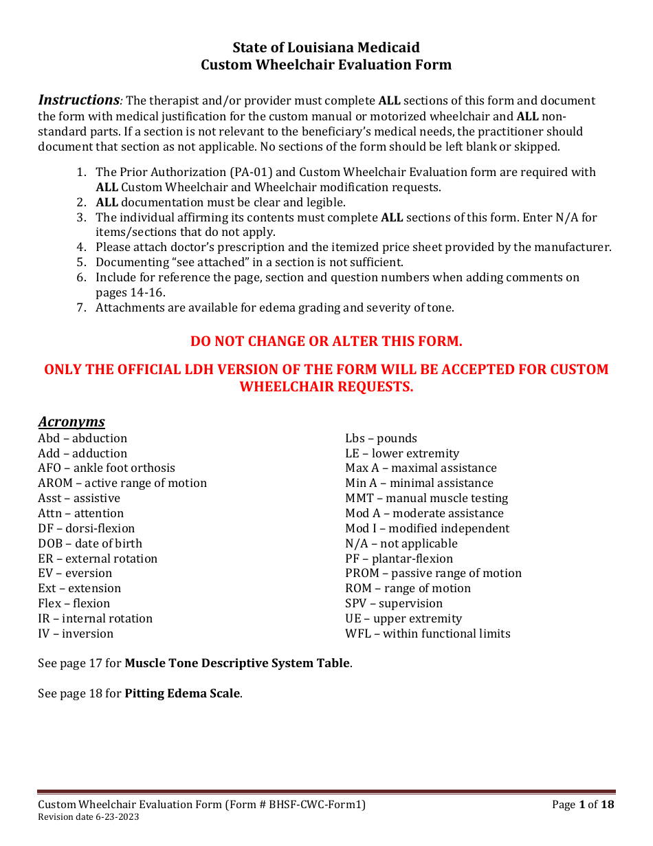 BHSF-CWC Form 1 Custom Wheelchair Evaluation Form - Louisiana, Page 1