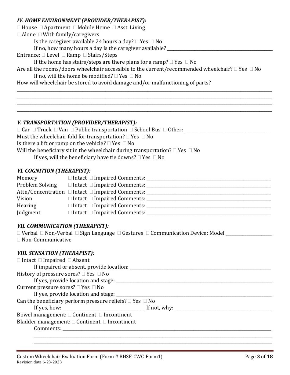 BHSF-CWC Form 1 Custom Wheelchair Evaluation Form - Louisiana, Page 3