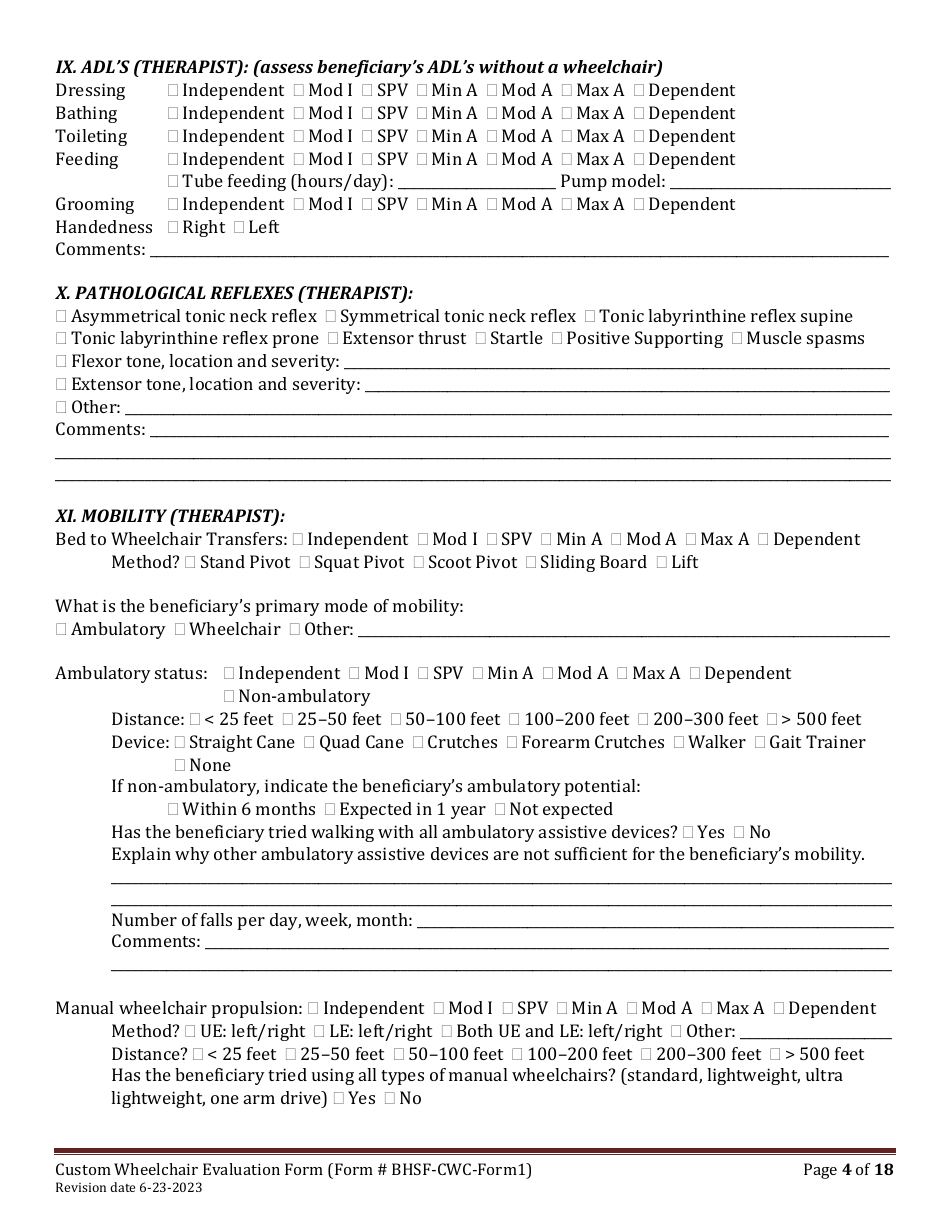 BHSF-CWC Form 1 Custom Wheelchair Evaluation Form - Louisiana, Page 4