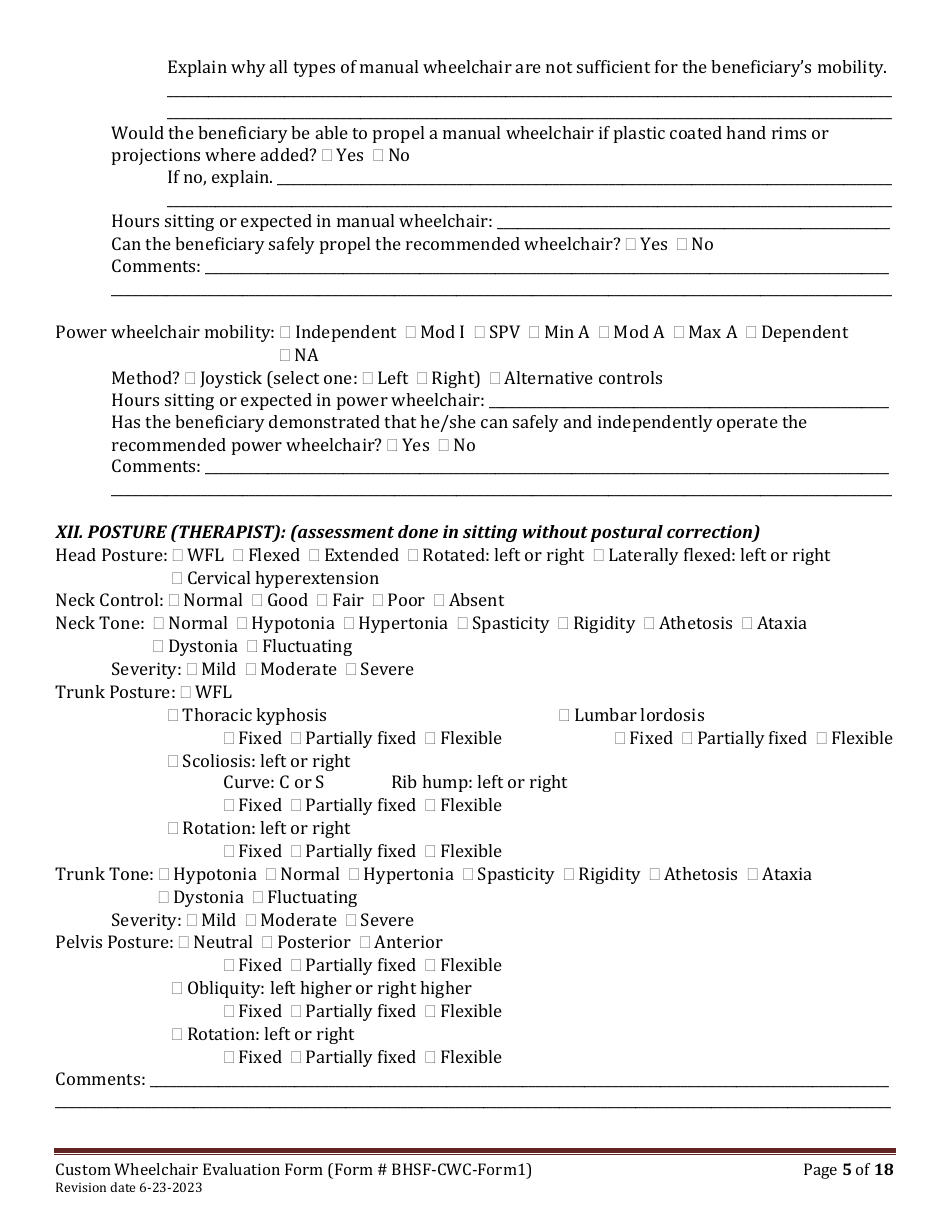 BHSF-CWC Form 1 Custom Wheelchair Evaluation Form - Louisiana, Page 5