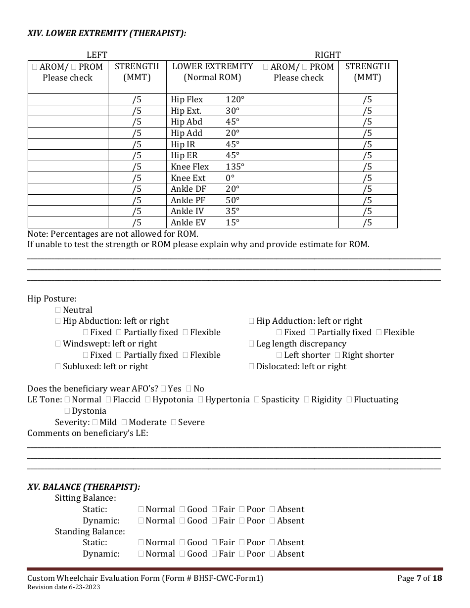 BHSF-CWC Form 1 Custom Wheelchair Evaluation Form - Louisiana, Page 7