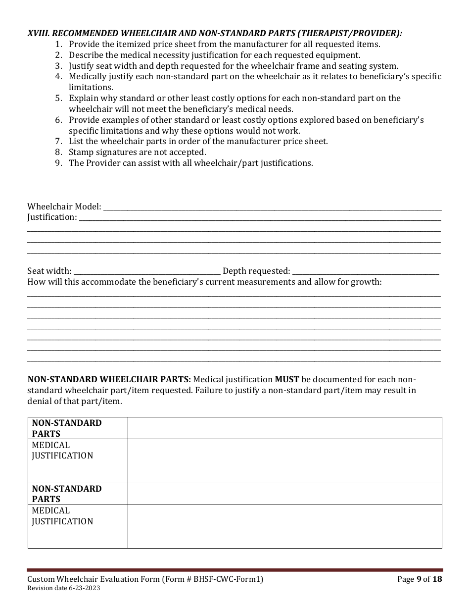 BHSF-CWC Form 1 Custom Wheelchair Evaluation Form - Louisiana, Page 9