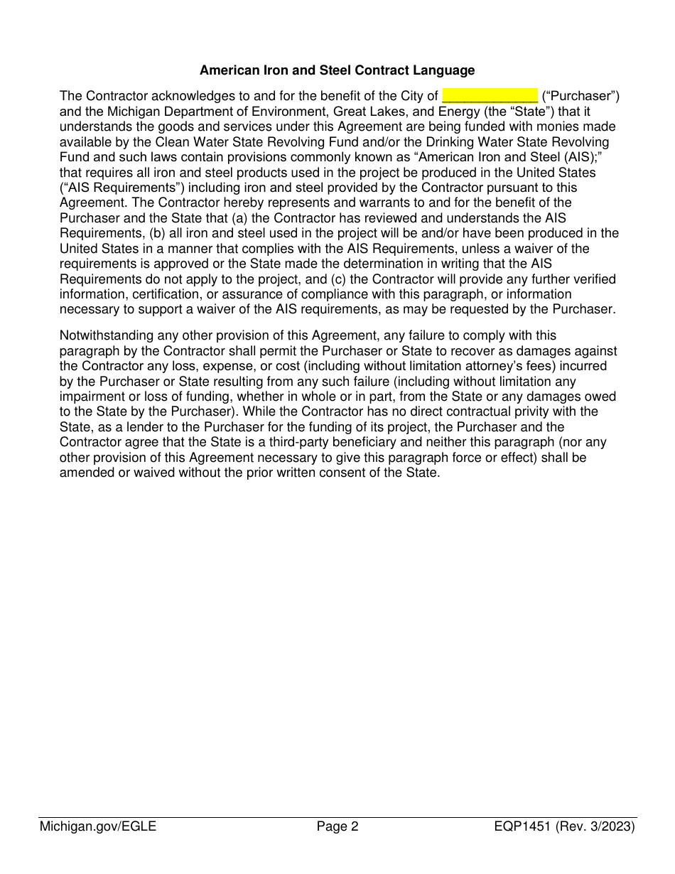 Form EQP1451 Equivalency Projects Contract Boilerplate Language - Michigan, Page 2