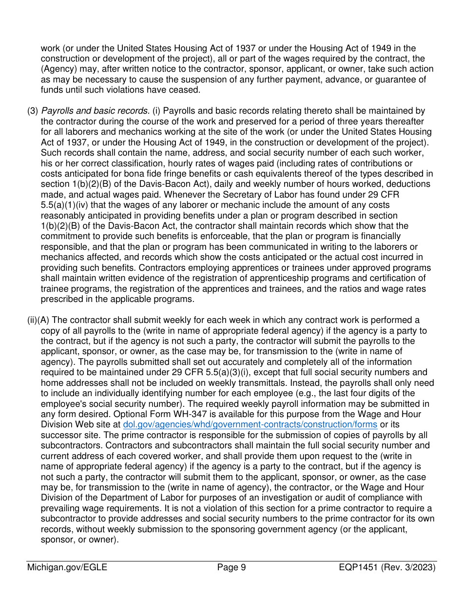 Form EQP1451 Equivalency Projects Contract Boilerplate Language - Michigan, Page 9