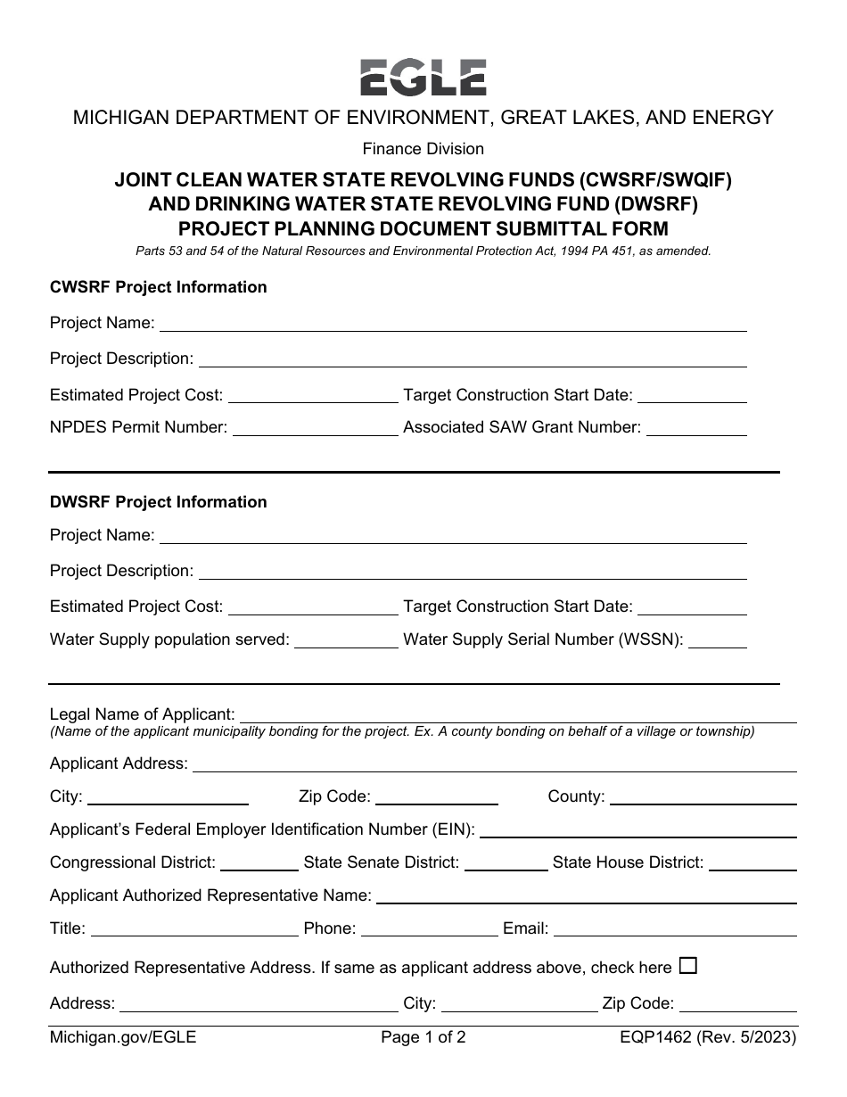 Form EQP1462 Joint Clean Water State Revolving Funds (Cwsrf / Swqif) and Drinking Water State Revolving Fund (Dwsrf) Project Planning Document Submittal Form - Michigan, Page 1