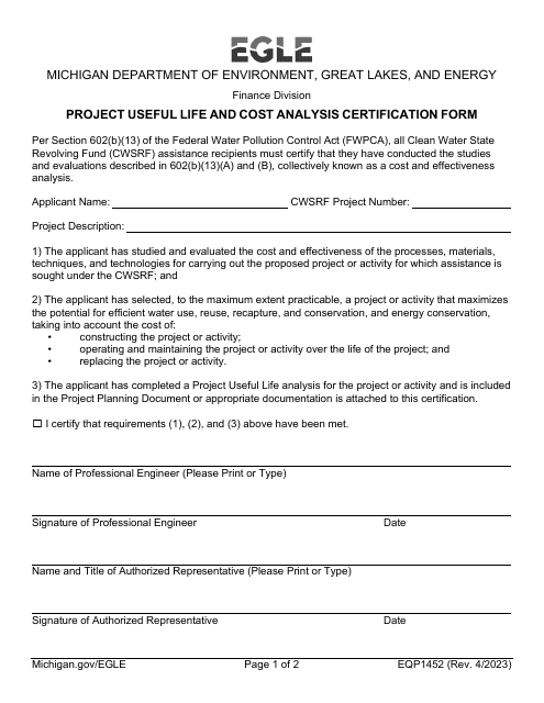 Form EQP1452 Project Useful Life and Cost Analysis Certification Form - Michigan