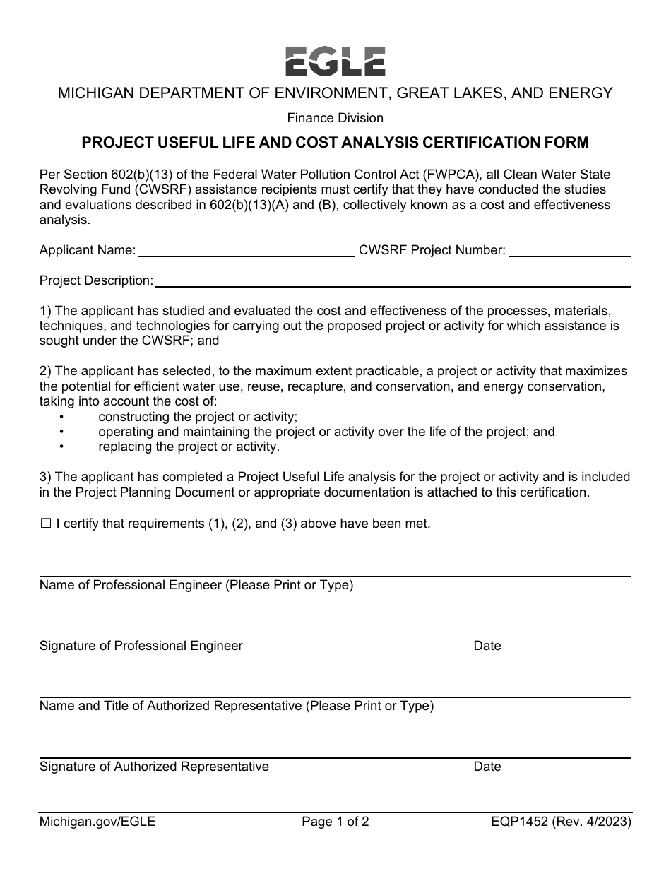 Form EQP1452 Project Useful Life and Cost Analysis Certification Form - Michigan, Page 1