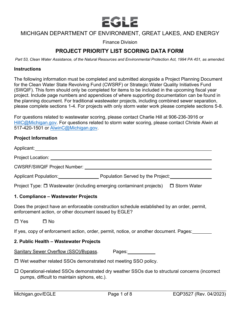 Form EQP3527 Project Priority List Scoring Data Form - Michigan, Page 1