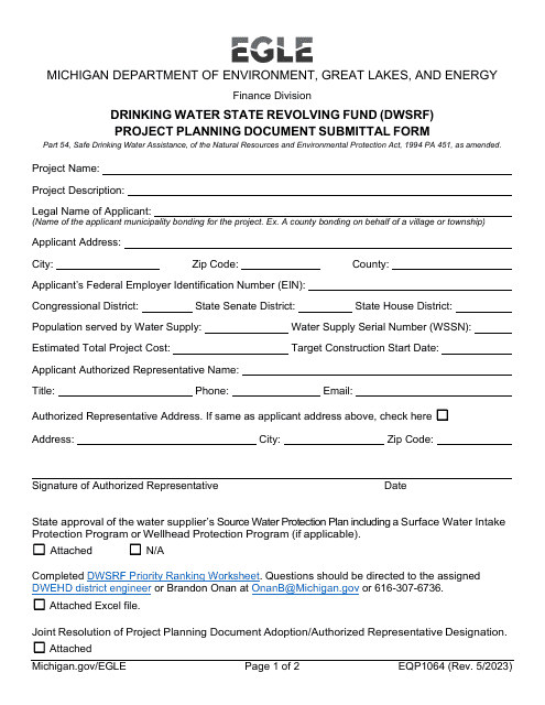 Form EQP1064 Drinking Water State Revolving Fund (Dwsrf) Project Planning Document Submittal Form - Michigan
