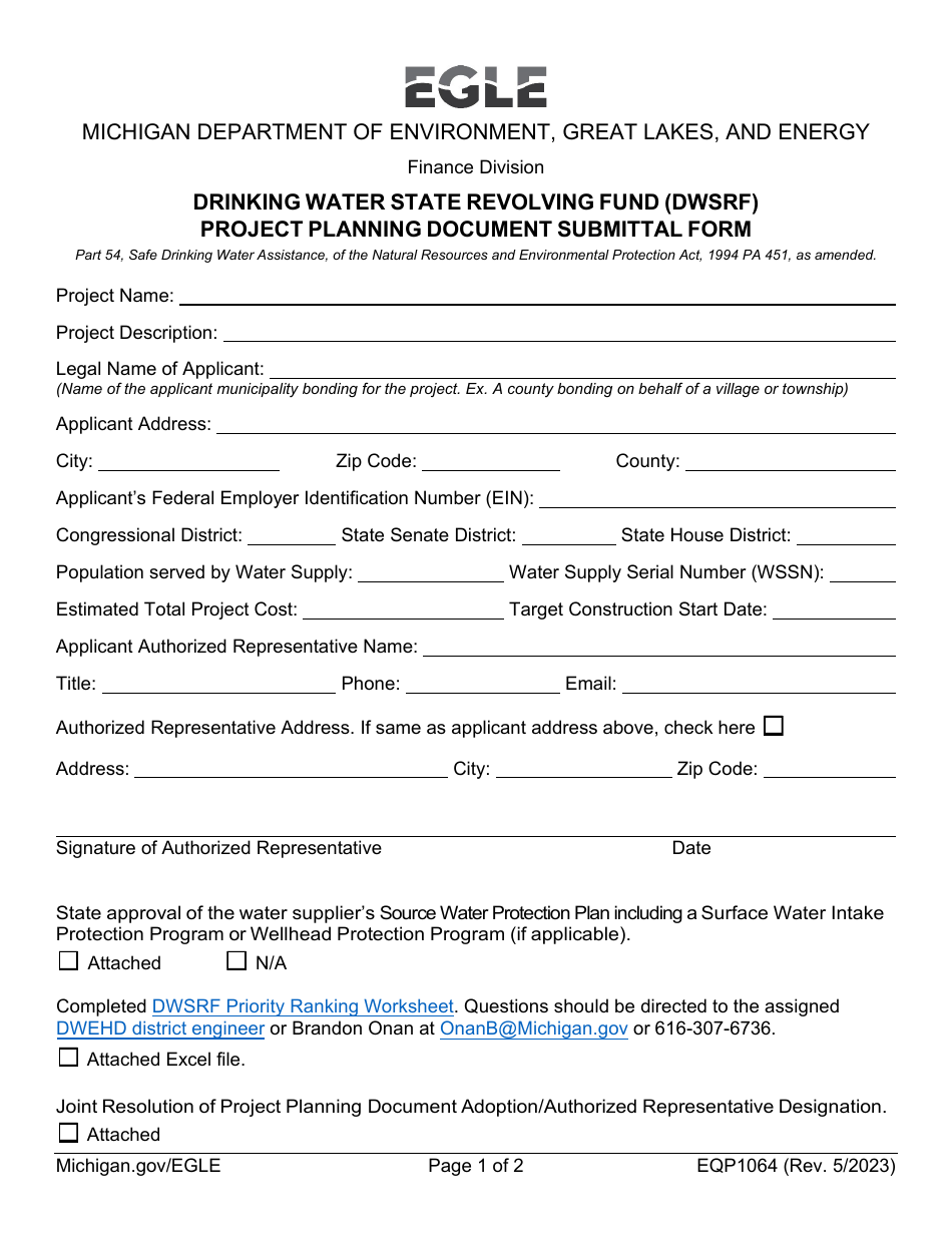 Form EQP1064 Drinking Water State Revolving Fund (Dwsrf) Project Planning Document Submittal Form - Michigan, Page 1