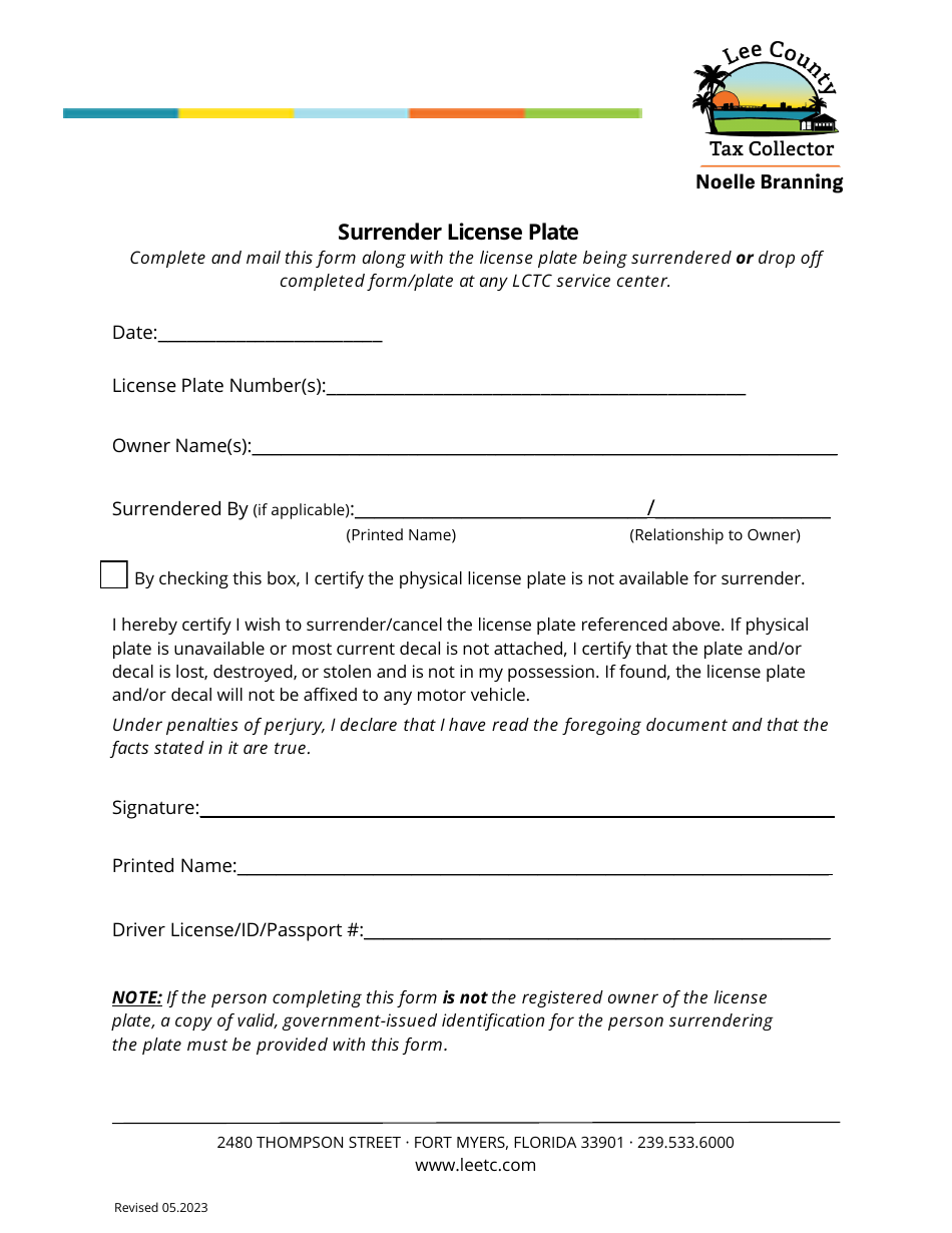 lee-county-florida-surrender-license-plate-form-fill-out-sign