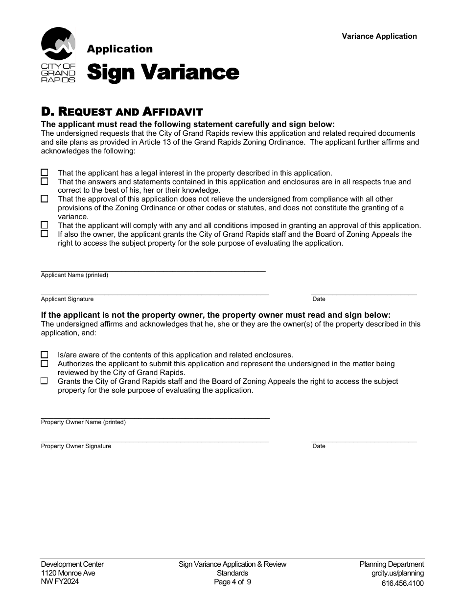 2024 City of Grand Rapids, Michigan Sign Variance Application Fill