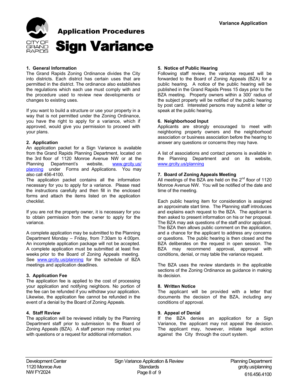 2024 City of Grand Rapids, Michigan Sign Variance Application Fill