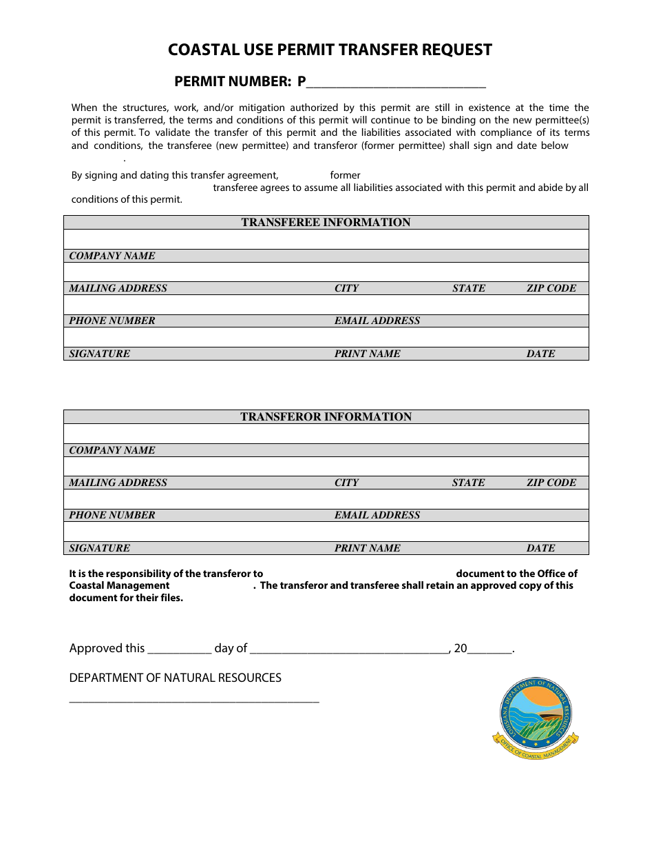 Coastal Use Permit Transfer Request - Louisiana, Page 1