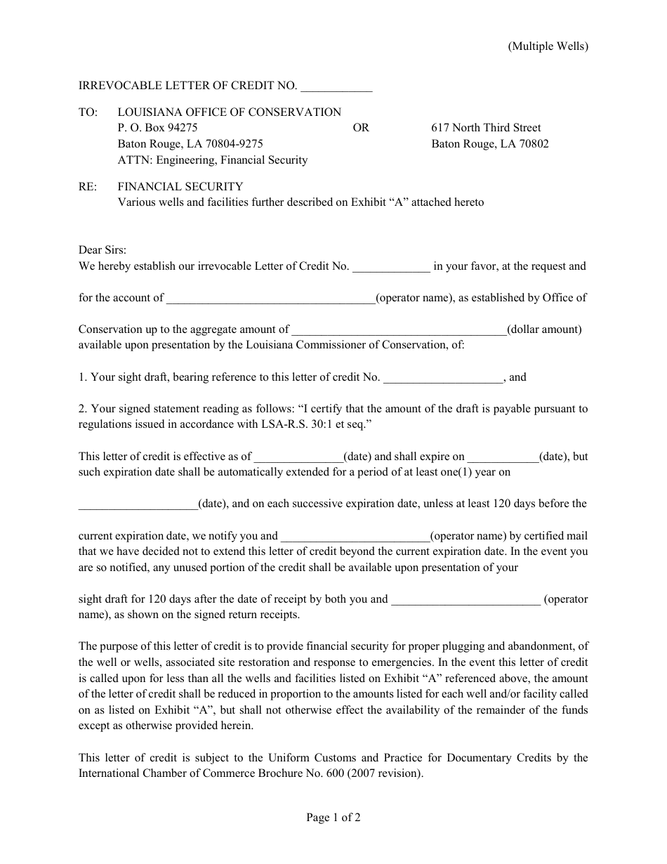 Form FS-LCMW Irrevocable Letter of Credit (Multiple Wells) - Louisiana, Page 1