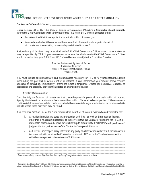 Conflict of Interest Disclosure and Request for Determination - Texas Download Pdf