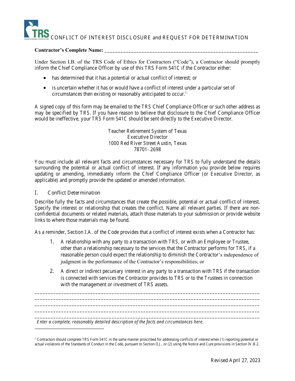 Conflict of Interest Disclosure and Request for Determination - Texas, Page 1