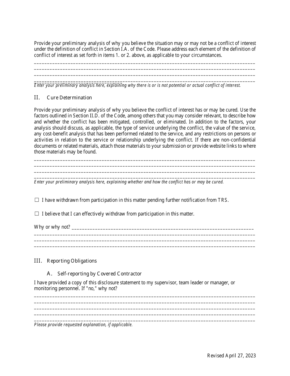 Conflict of Interest Disclosure and Request for Determination - Texas, Page 2