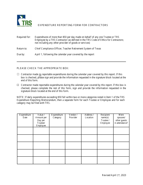 Expenditure Reporting Form for Contractors - Texas Download Pdf