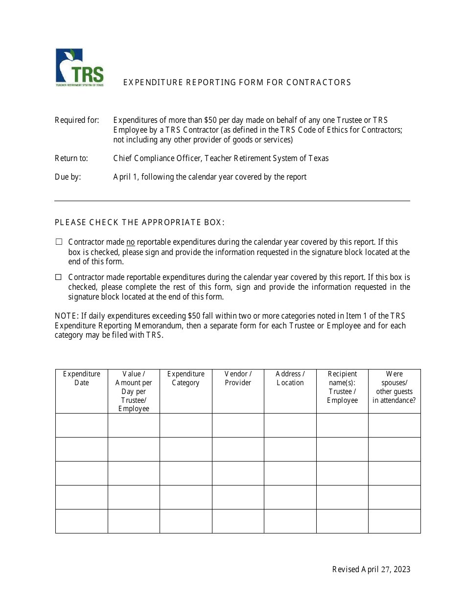 Expenditure Reporting Form for Contractors - Texas, Page 1