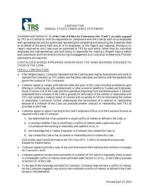 Contractor Annual Ethics Compliance Statement - Texas Download Pdf