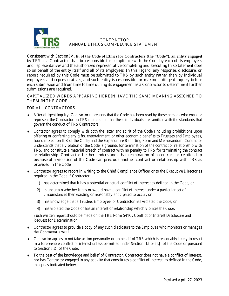 Contractor Annual Ethics Compliance Statement - Texas, Page 1