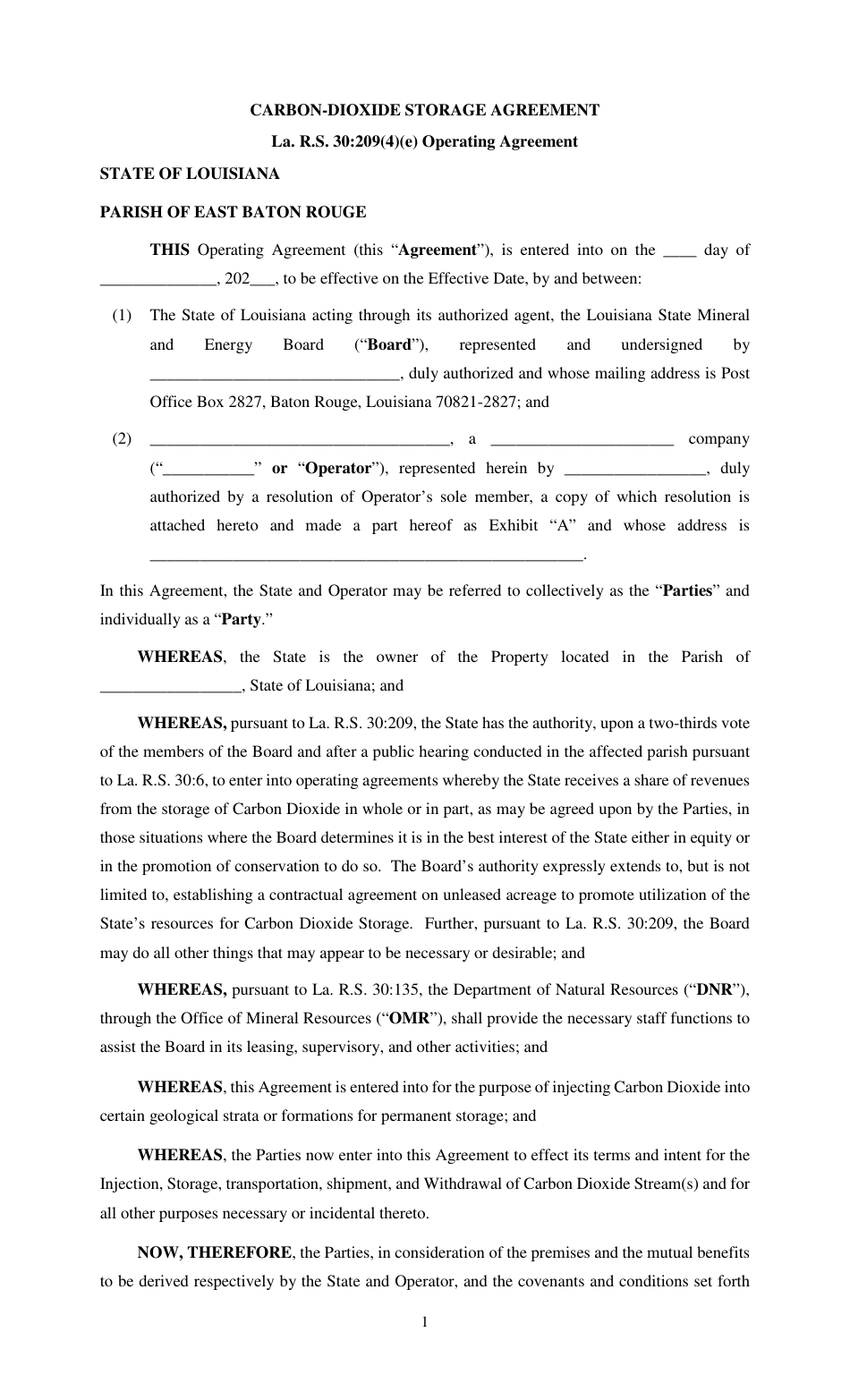 Carbon-Dioxide Storage Agreement - Louisiana, Page 1