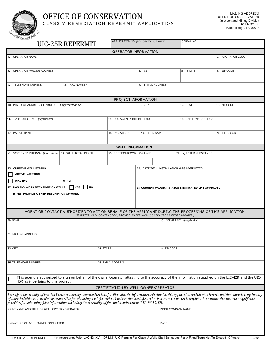 Form UIC-25R Class V Remediation Repermit Application - Louisiana, Page 1