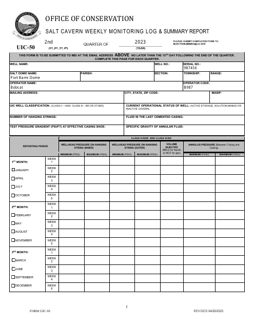 Form UIC-50 Salt Cavern Weekly Monitoring Log & Summary Report - Louisiana, 2023