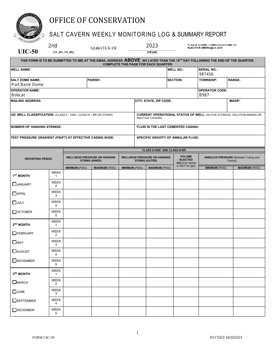 Form UIC-50 Salt Cavern Weekly Monitoring Log  Summary Report - Louisiana, Page 1