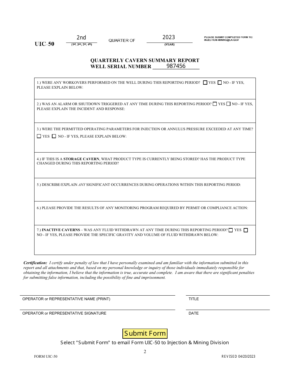 Form UIC-50 Salt Cavern Weekly Monitoring Log  Summary Report - Louisiana, Page 2