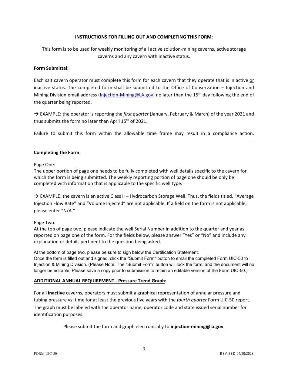 Form UIC-50 Salt Cavern Weekly Monitoring Log  Summary Report - Louisiana, Page 3