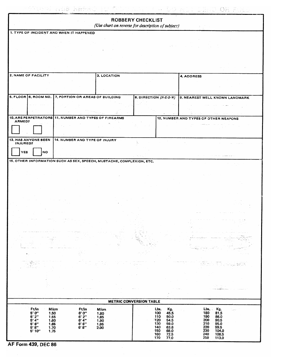 AF Form 439 Robbery Checklist, Page 1