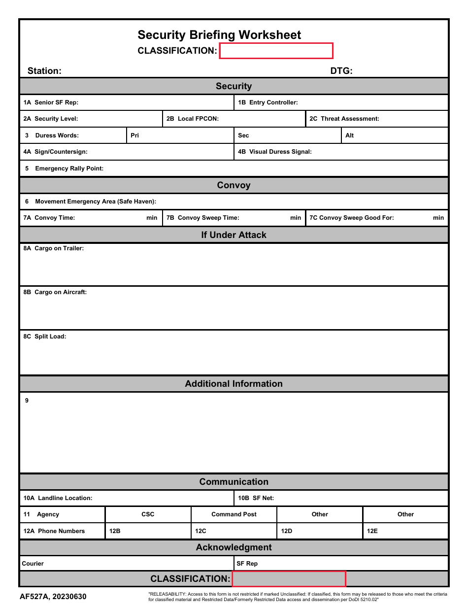 AF Form 527A Security Briefing Worksheet, Page 1