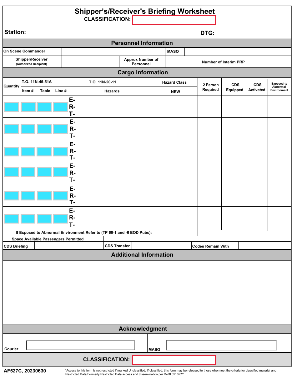 AF Form 527C Shippers / Receivers Briefing Worksheet, Page 1