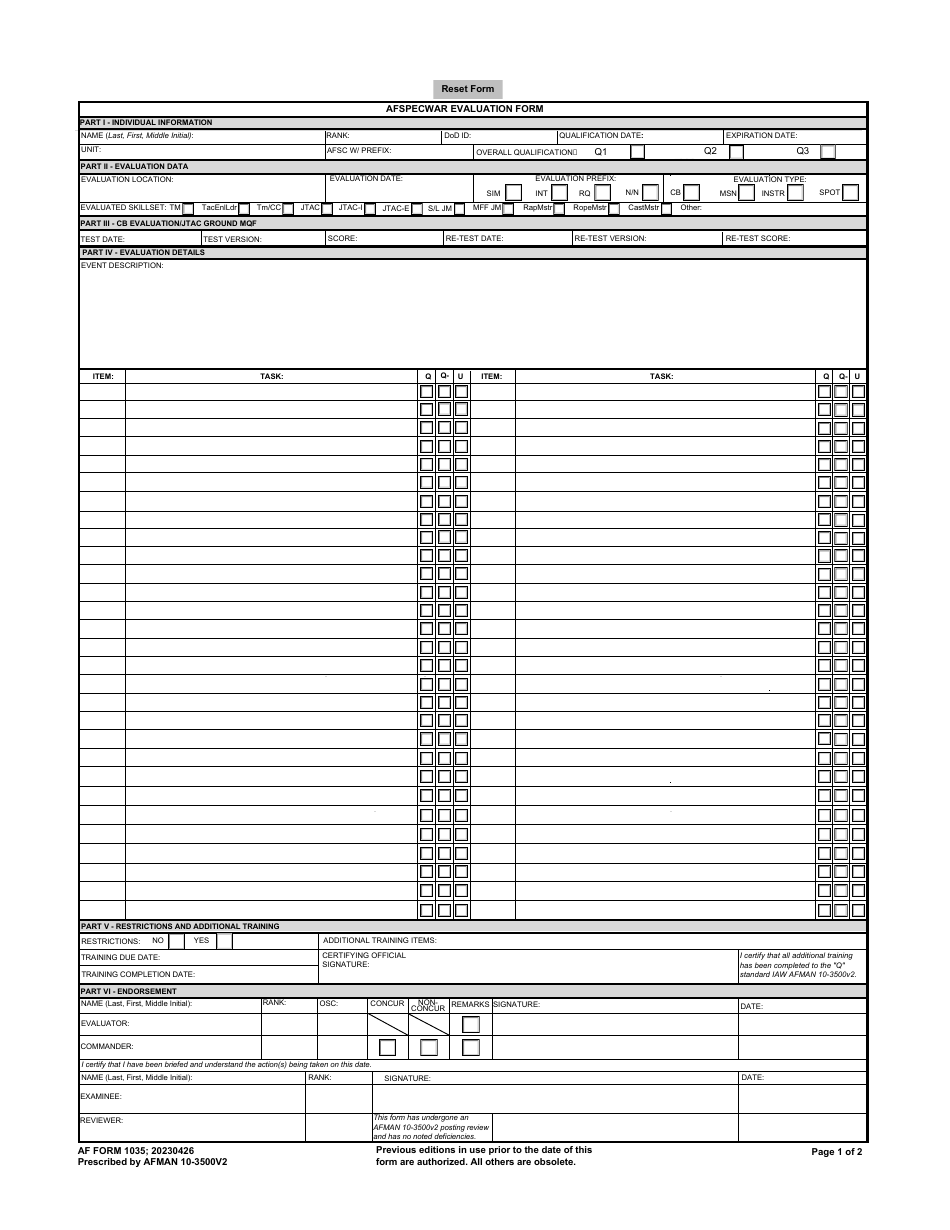 AF Form 1035 Afspecwar Evaluation Form, Page 1