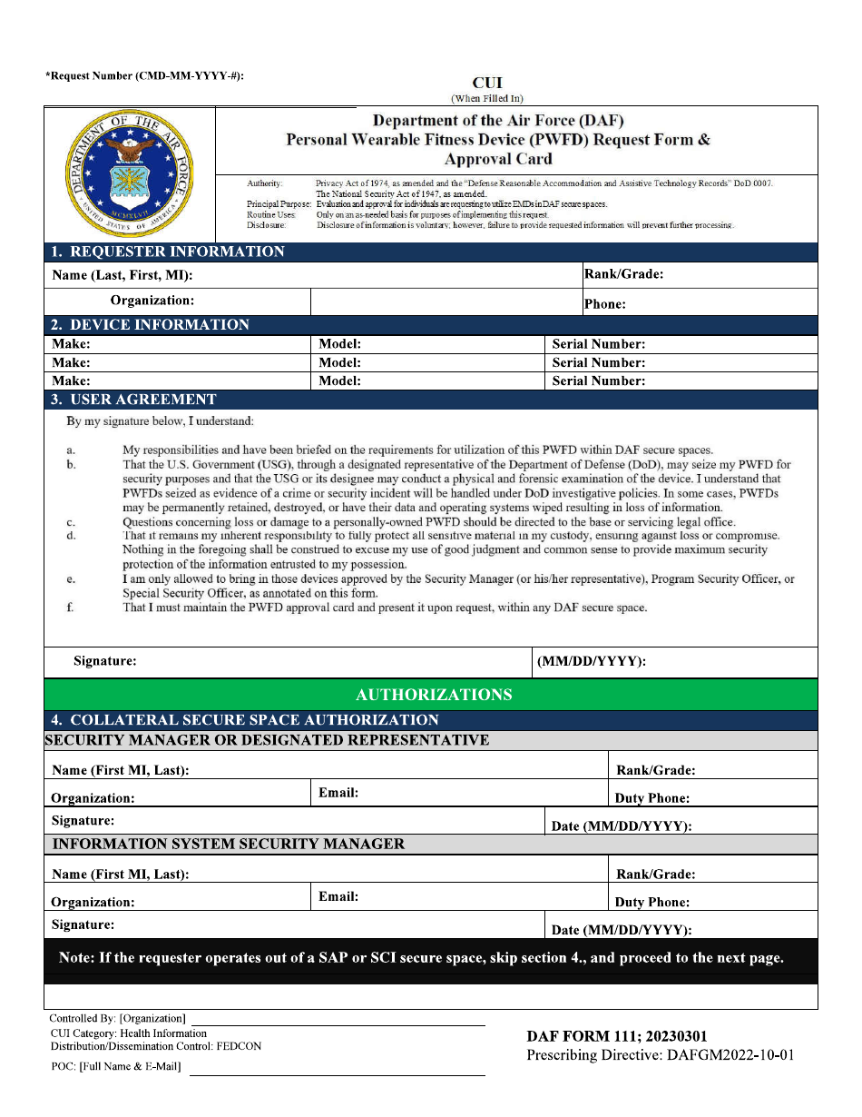 DAF Form 111 Daf Personal Wearable Fitness Device Request Form  Approval Card, Page 1